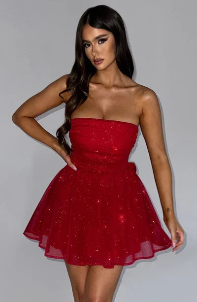 Strapless Glitter Mini Dress with Large Bow Cocktail Party for Ladies
