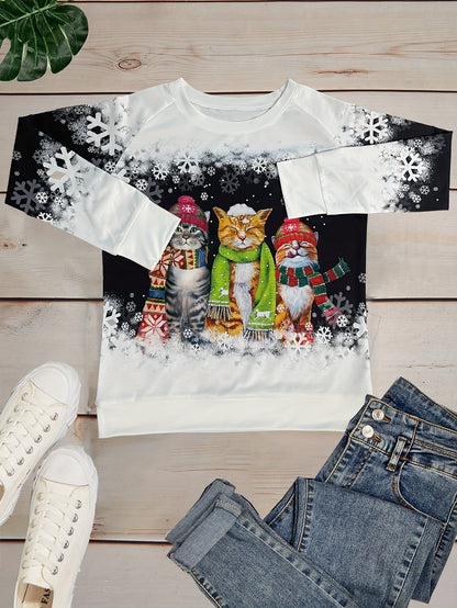 Kitty | Casual Christmas Cat Print Sweatshirt