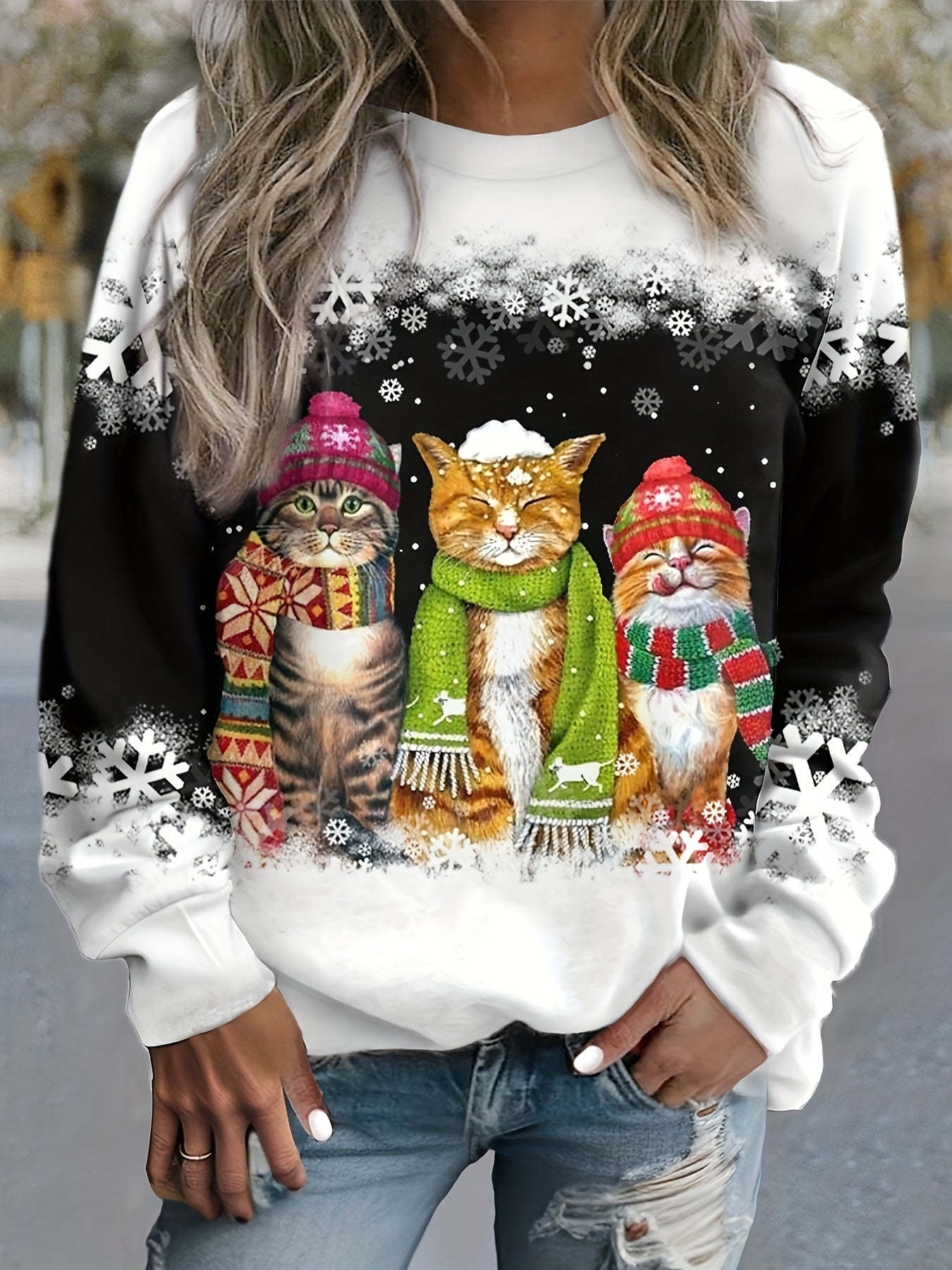 Kitty | Casual Christmas Cat Print Sweatshirt