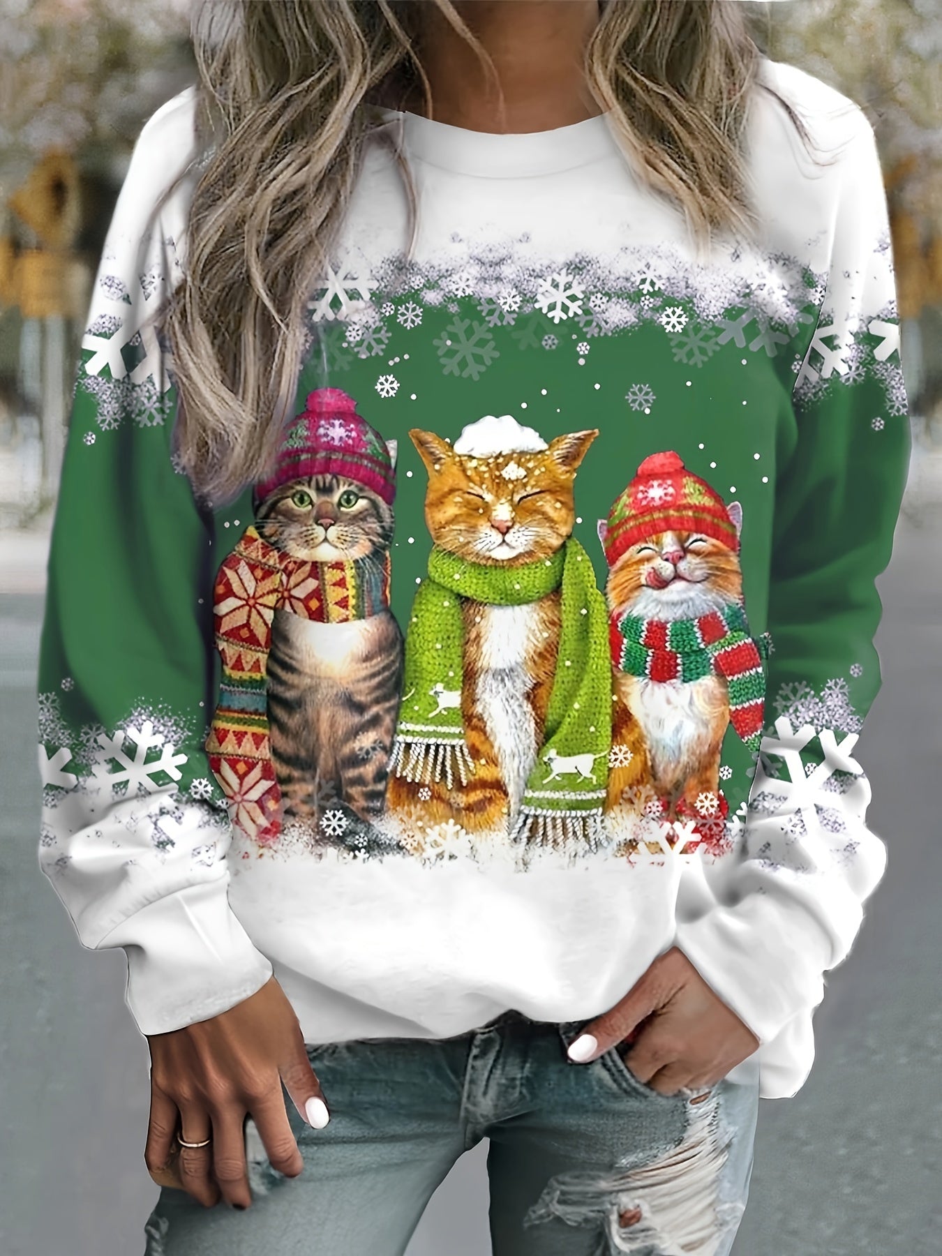 Kitty | Casual Christmas Cat Print Sweatshirt