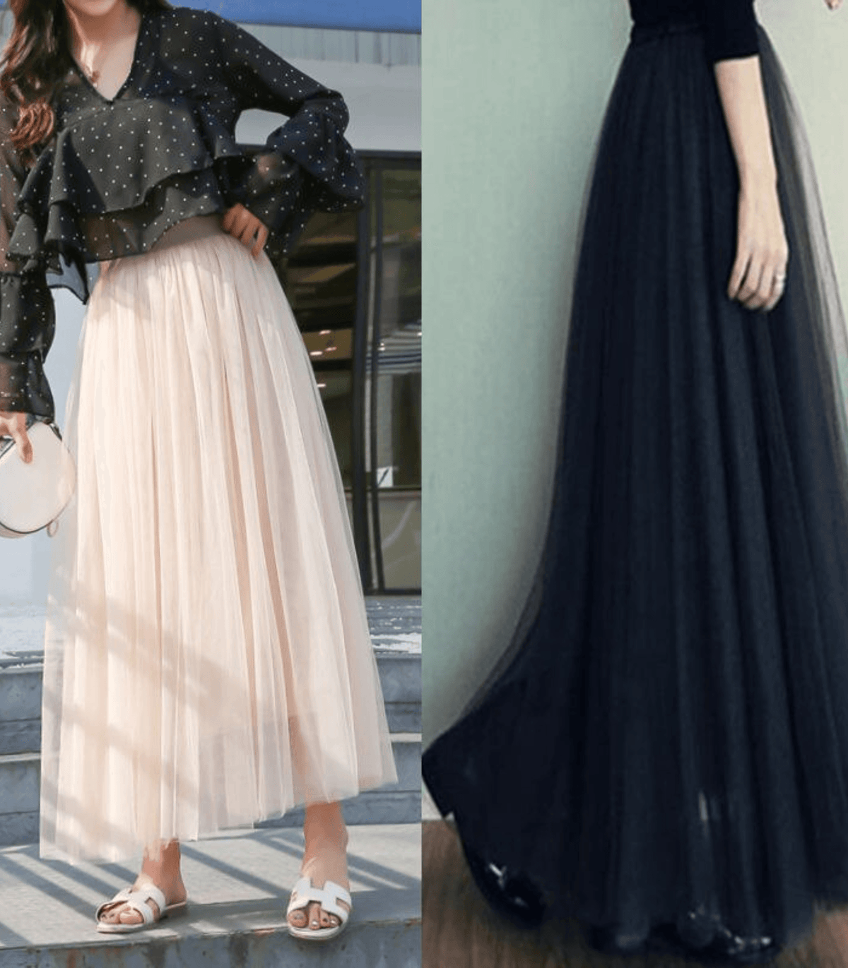 Saia comprida romântica e elegante com pregas e tule suave