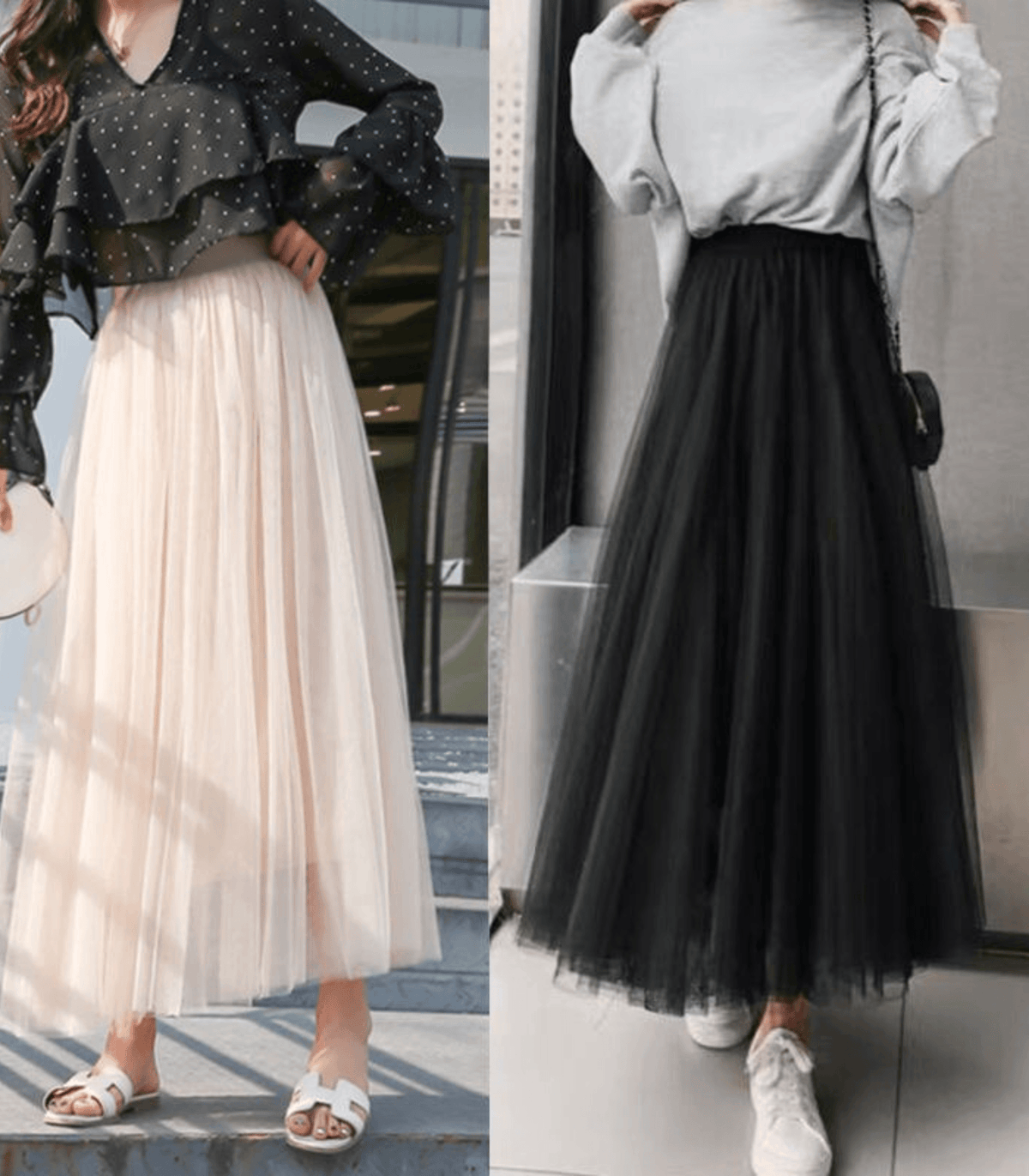 Saia comprida romântica e elegante com pregas e tule suave