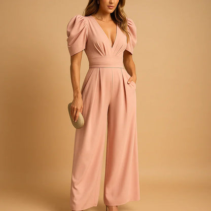 Luxury Women's Jumpsuit with Puff Sleeves and Wide Legs