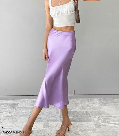 Elegant Satin Look Midi Skirt With High Waist and Fluid Fall