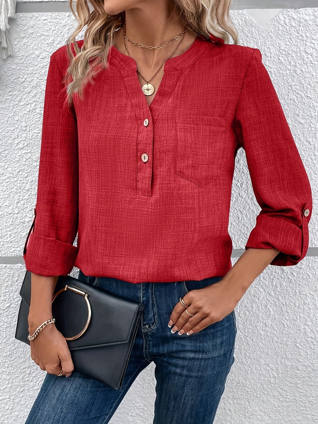 Lara | Crocheted Neck Button Blouse with Long Sleeves
