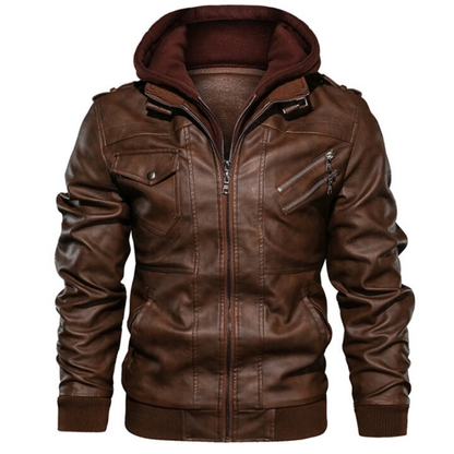 Leather Jacket with Lining and Hood for Men
