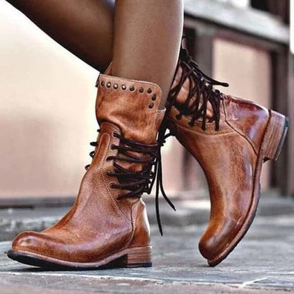 Mid-calf leather boots vintage look for women - Magda