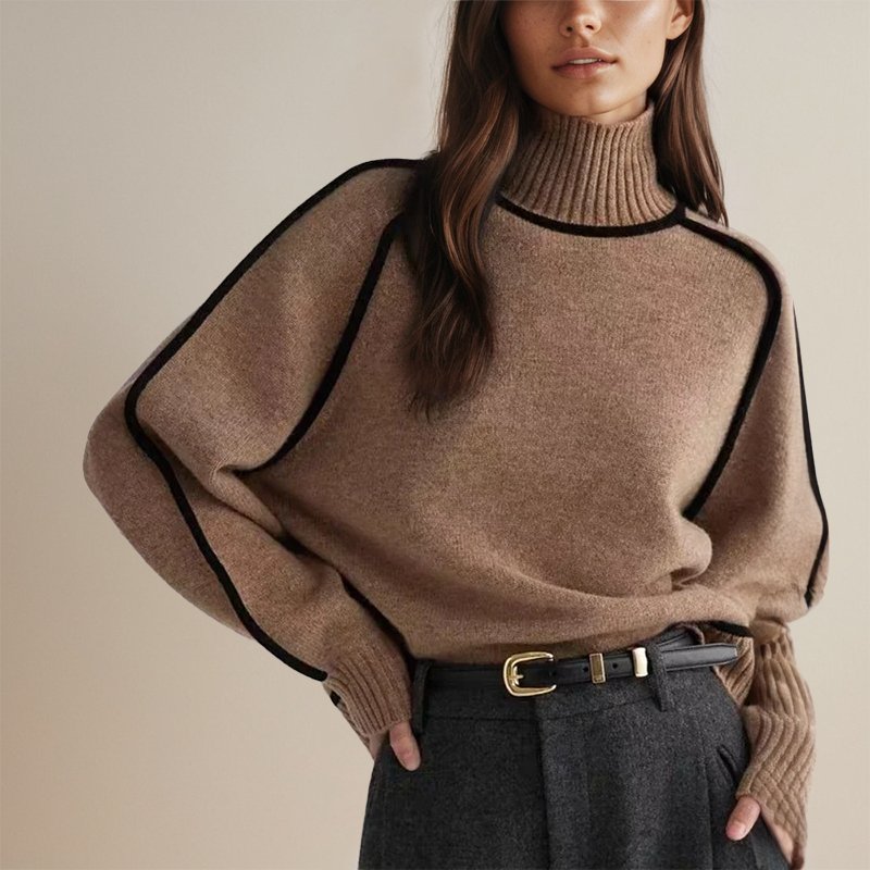 Ladies' Modern Colour Block Turtleneck Jumper with Contrast Trim