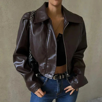 Ladies' Bold Short Faux Leather Biker Jacket with Asymmetric Zip