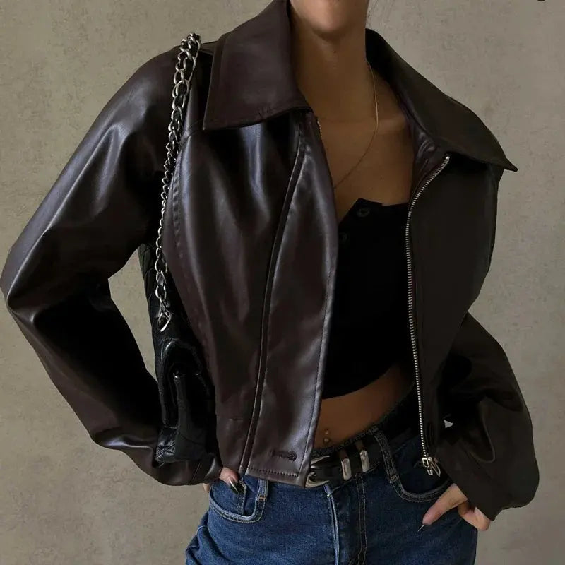 Ladies' Bold Short Faux Leather Biker Jacket with Asymmetric Zip