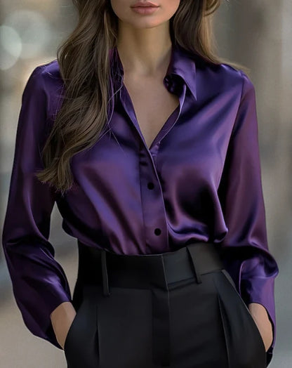 Ladies Elegant Satin Blouse with Button Closure and Long Sleeves