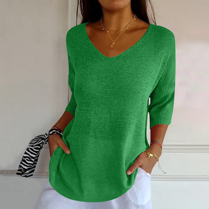 Relaxed Elegant V-Neck Top for Women with Three-Quarter Sleeves