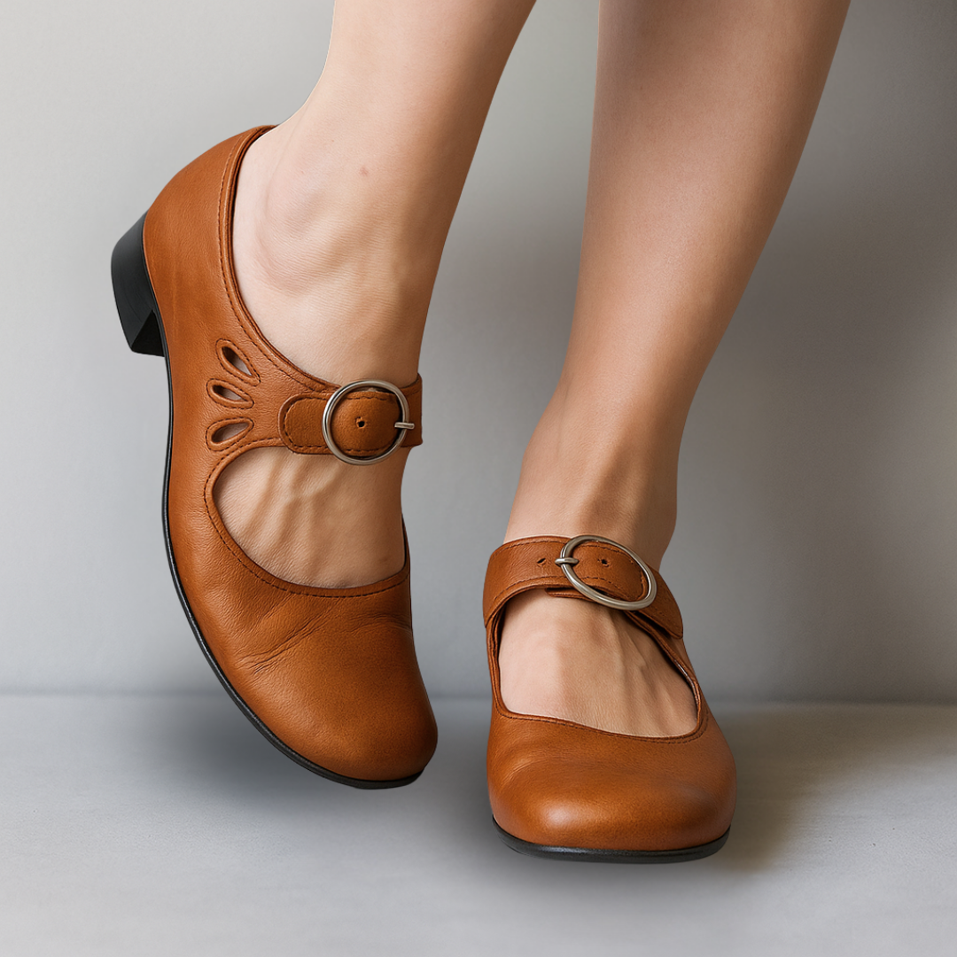 Ladies' Romantic Leather Mary Jane Pumps with Ankle Strap