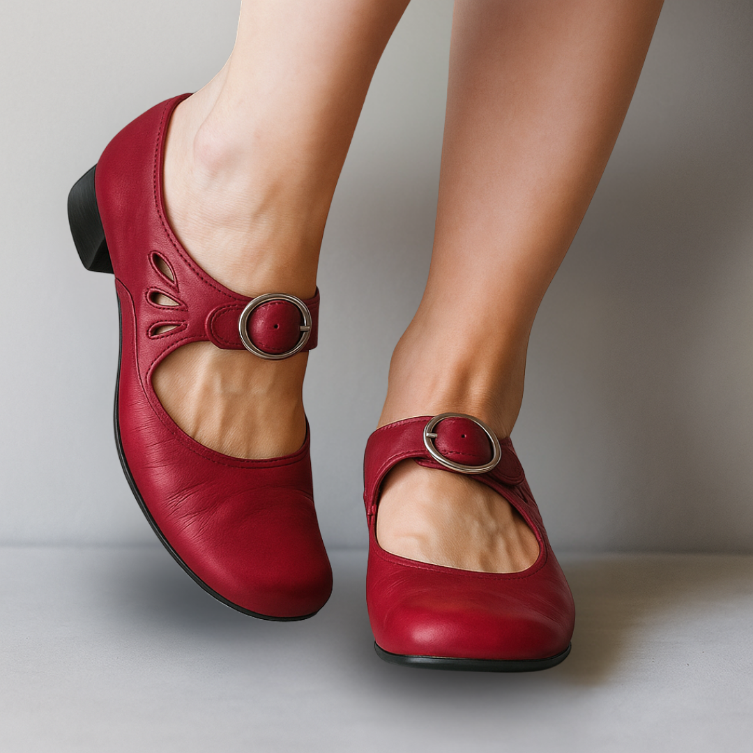 Ladies' Romantic Leather Mary Jane Pumps with Ankle Strap