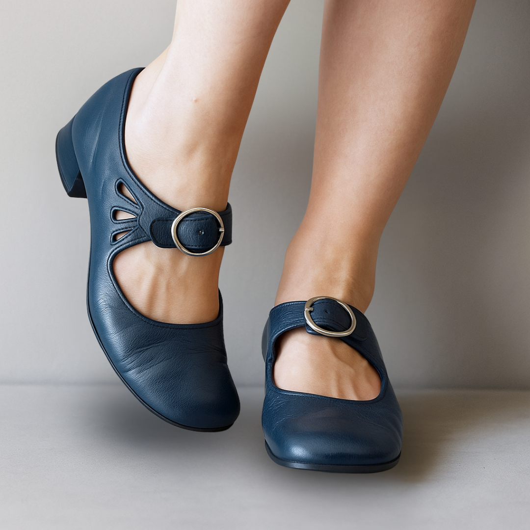 Ladies' Romantic Leather Mary Jane Pumps with Ankle Strap