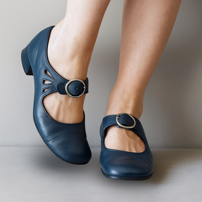 Ladies' Romantic Leather Mary Jane Pumps with Ankle Strap