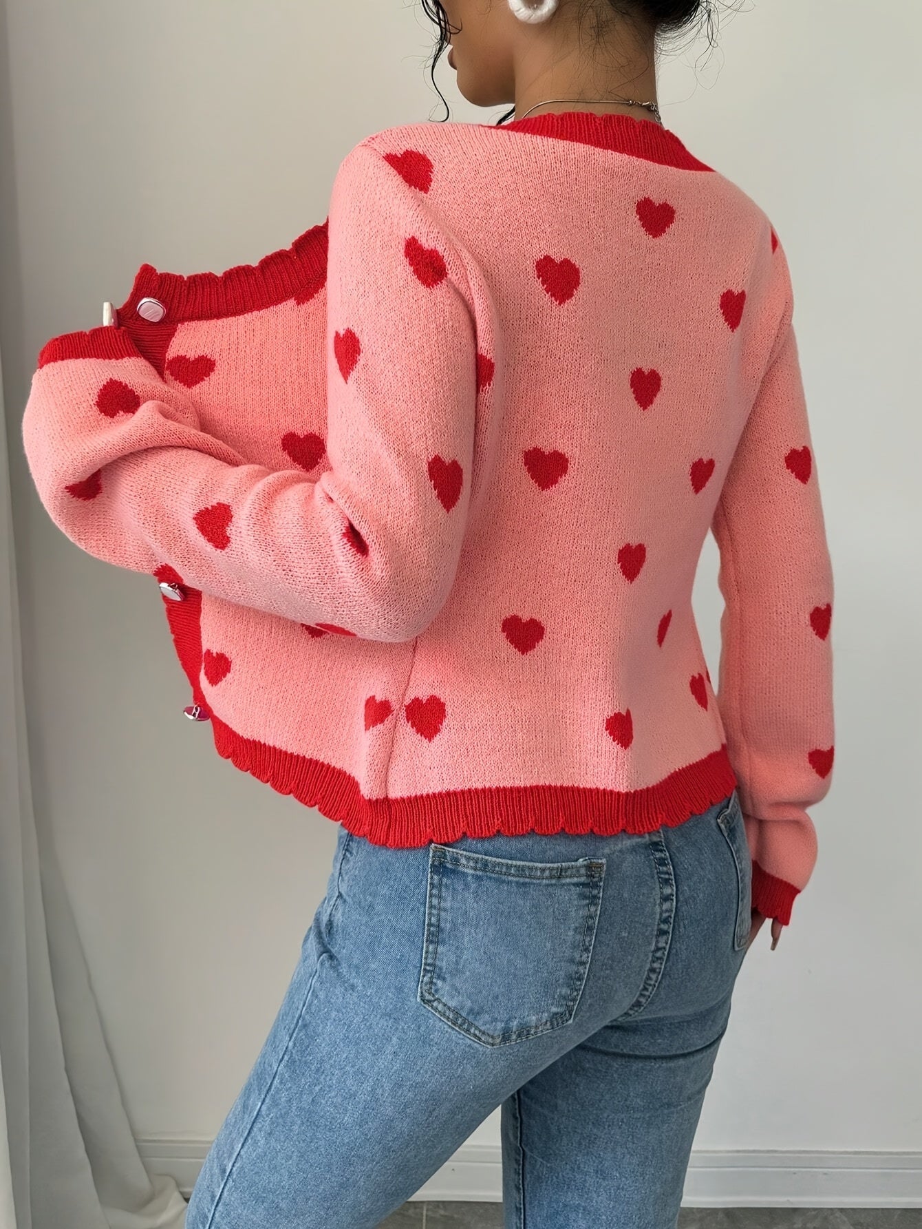 Lotte | Stylish women's cardigan with heart pattern in chic red & pink