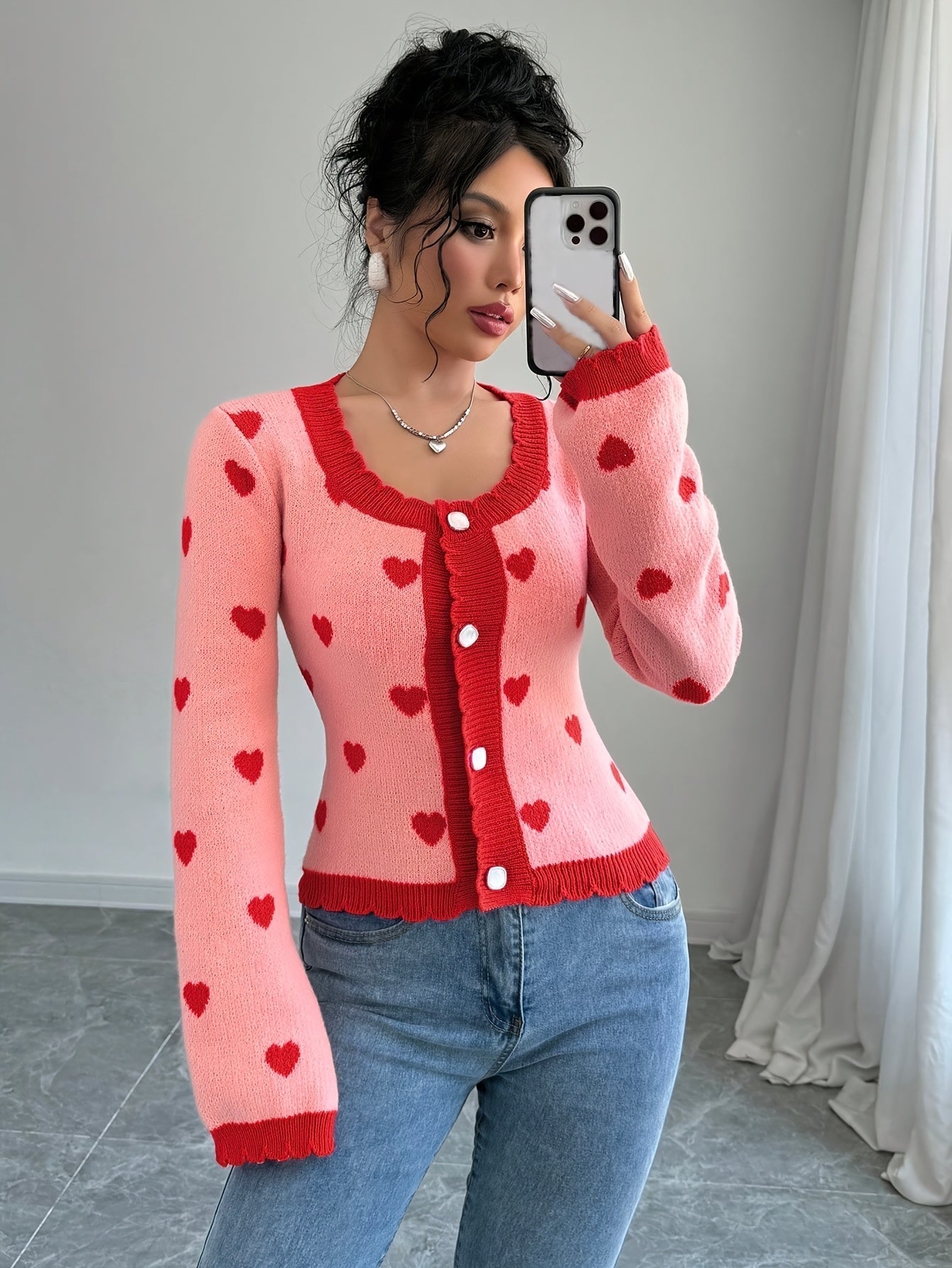 Lotte | Stylish women's cardigan with heart pattern in chic red & pink