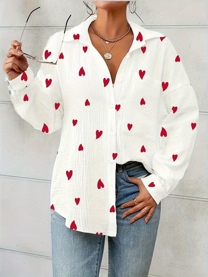 Lotte | Women's Elegant Heart Print Cotton Shirt with Long Sleeves