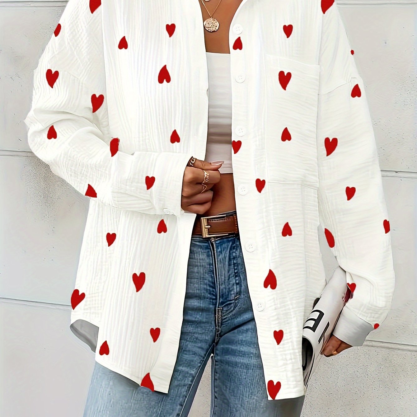 Lotte | Women's Elegant Heart Print Cotton Shirt with Long Sleeves