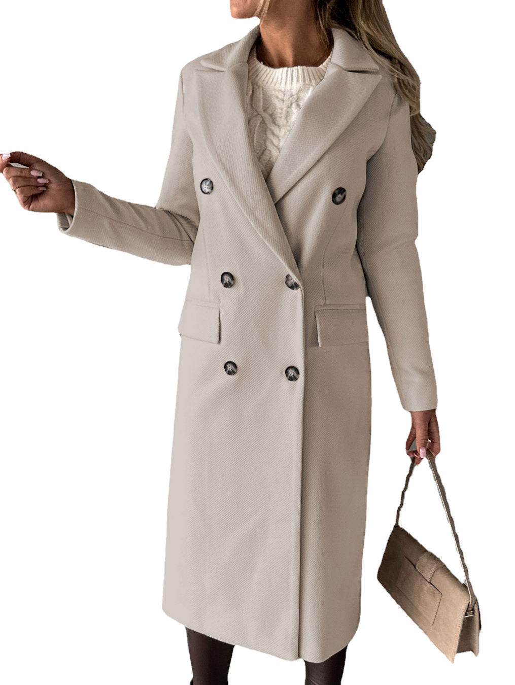 Ladies' Classic Long Trench Coat with Lapels and Double Buttons