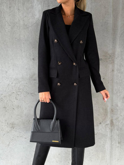 Ladies' Classic Long Trench Coat with Lapels and Double Buttons