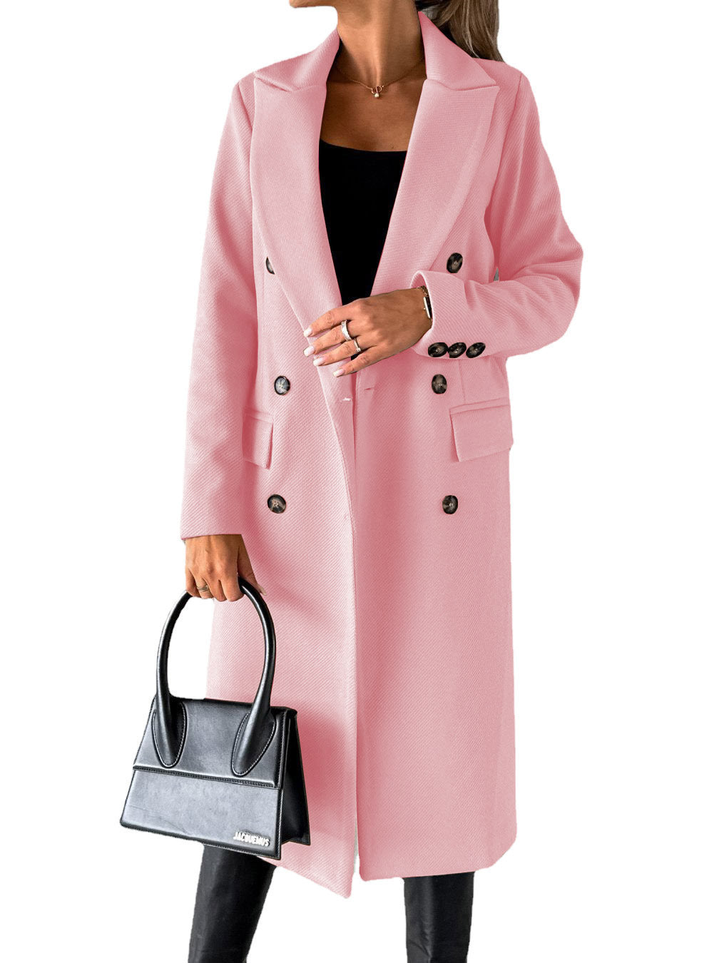 Ladies' Classic Long Trench Coat with Lapels and Double Buttons