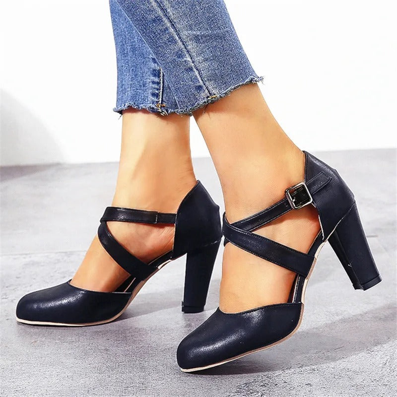 Zapatos de tacón para mujer, con tiras cruzadas y tacón cuadrado