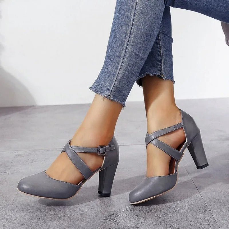 Zapatos de tacón para mujer, con tiras cruzadas y tacón cuadrado