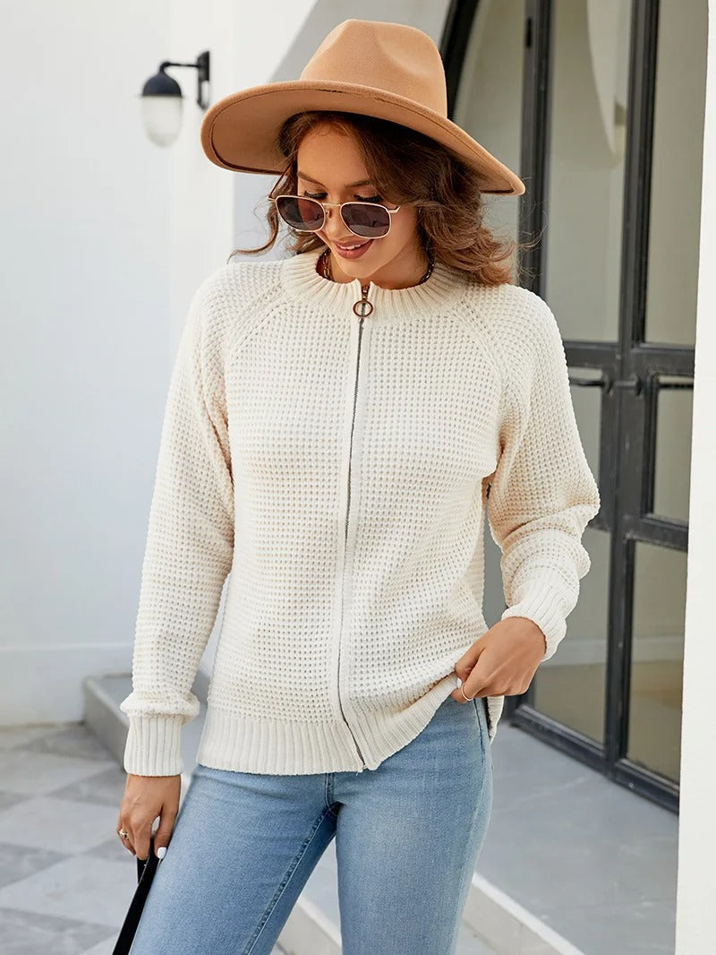 Solid Color Casual Women's Cardigan with Long Sleeves and Zipper - Kate