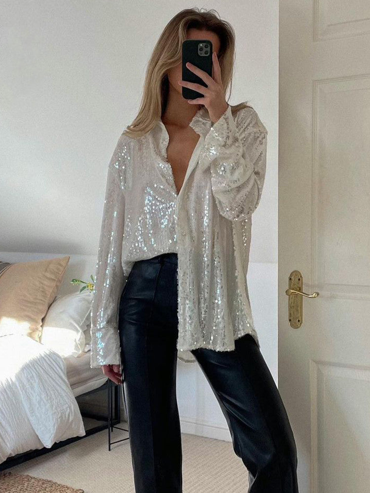 Ladies Oversized Sequin Blouse with Long Sleeves