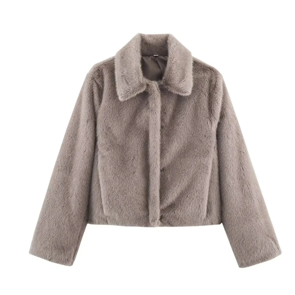 Short Faux Fur Winter Jacket with Collar and Buttons for Women