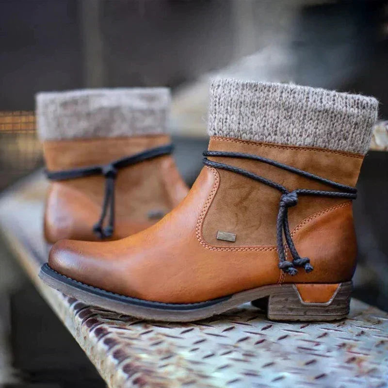 Ladies' Stylish Ankle Boots with Knitted Cuff and Block Heel