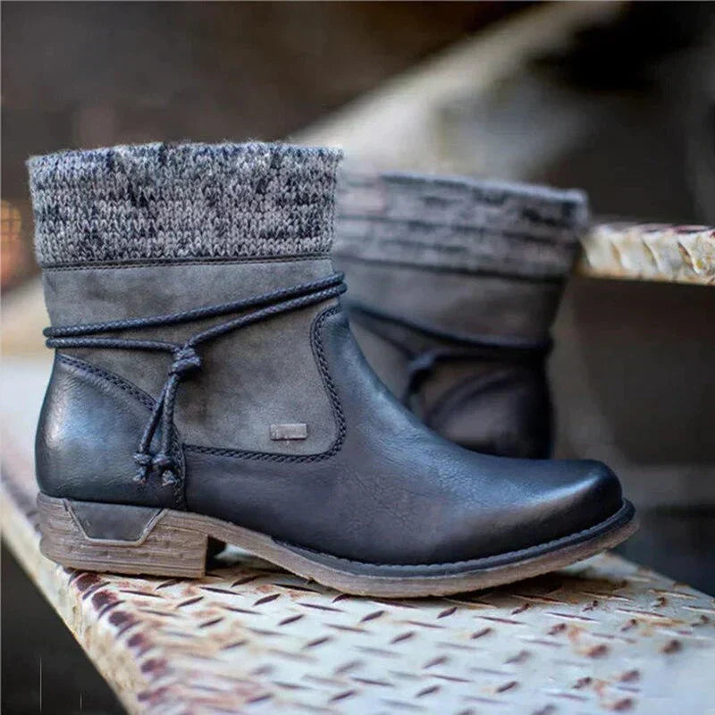Ladies' Stylish Ankle Boots with Knitted Cuff and Block Heel