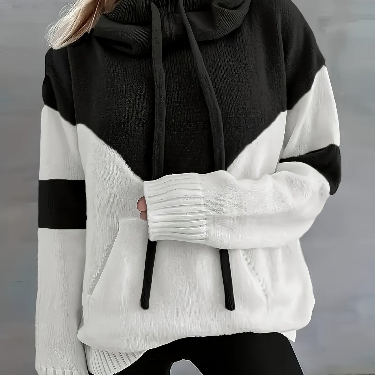Ladies Trendy Knitted Hoodie with Colour Block and Drawstring