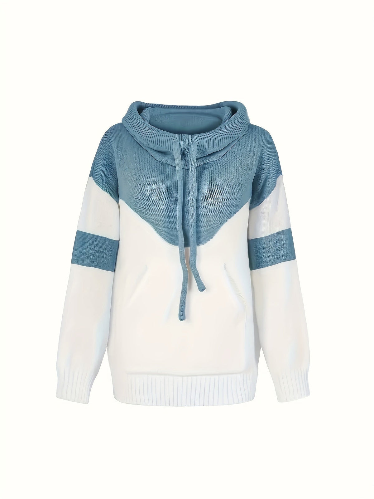 Ladies Trendy Knitted Hoodie with Colour Block and Drawstring