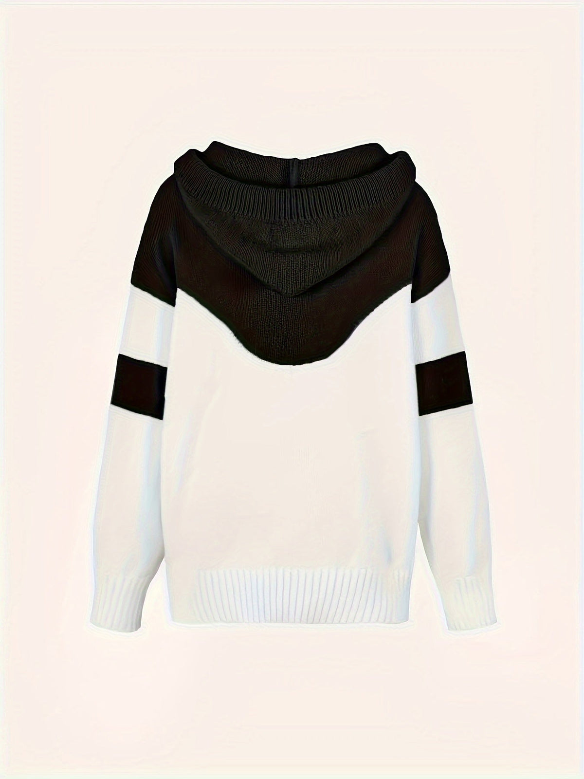 Ladies Trendy Knitted Hoodie with Colour Block and Drawstring