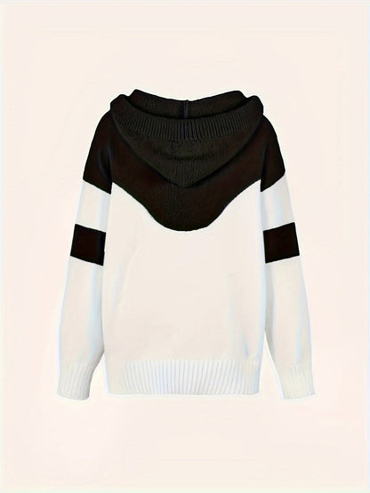 Ladies Trendy Knitted Hoodie with Colour Block and Drawstring