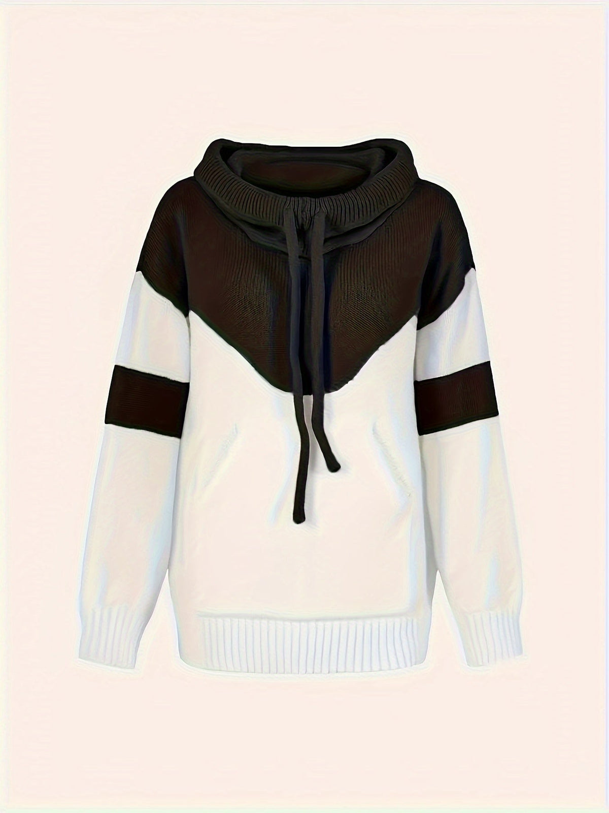 Ladies Trendy Knitted Hoodie with Colour Block and Drawstring