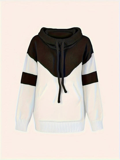 Ladies Trendy Knitted Hoodie with Colour Block and Drawstring