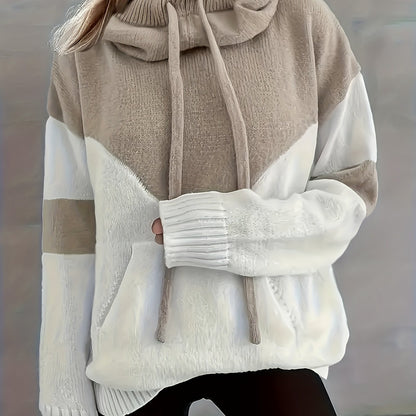 Ladies Trendy Knitted Hoodie with Colour Block and Drawstring