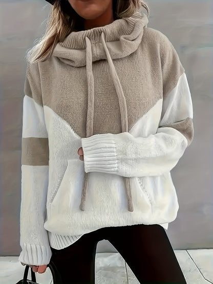 Ladies Trendy Knitted Hoodie with Colour Block and Drawstring