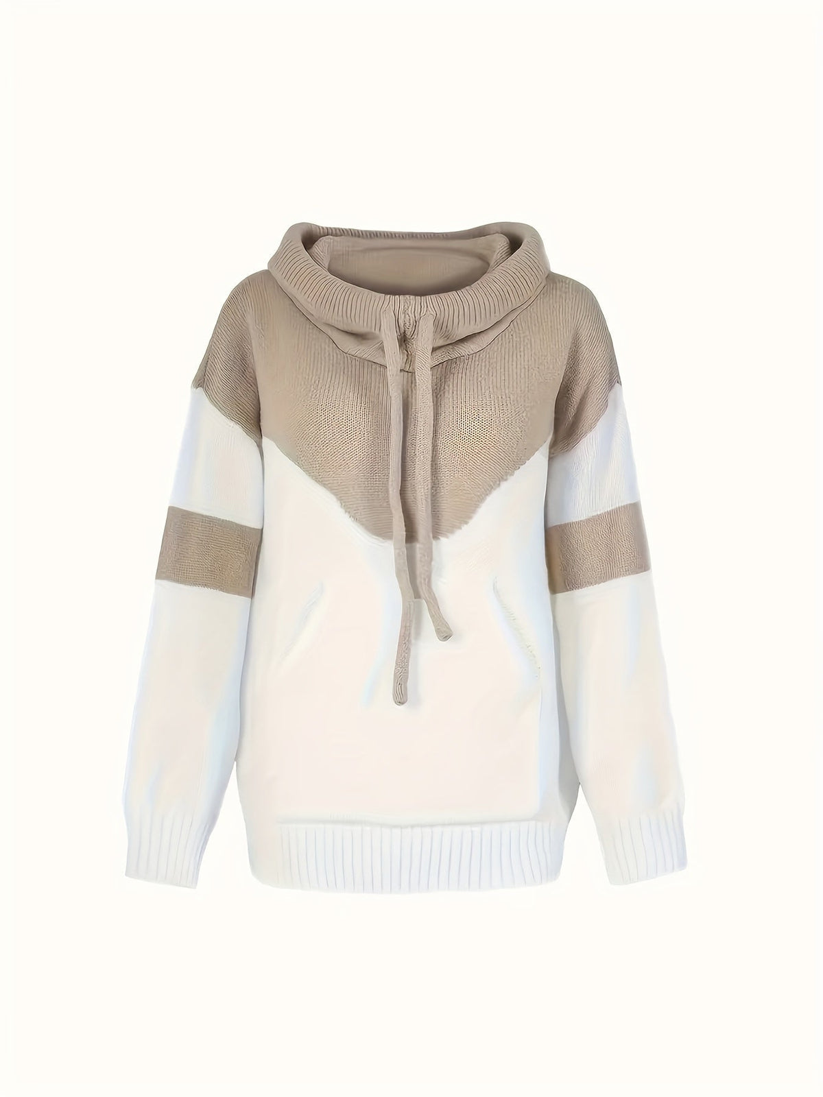 Ladies Trendy Knitted Hoodie with Colour Block and Drawstring