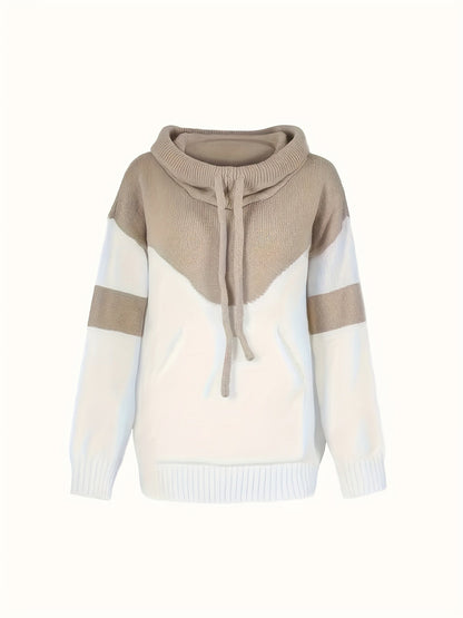 Ladies Trendy Knitted Hoodie with Colour Block and Drawstring