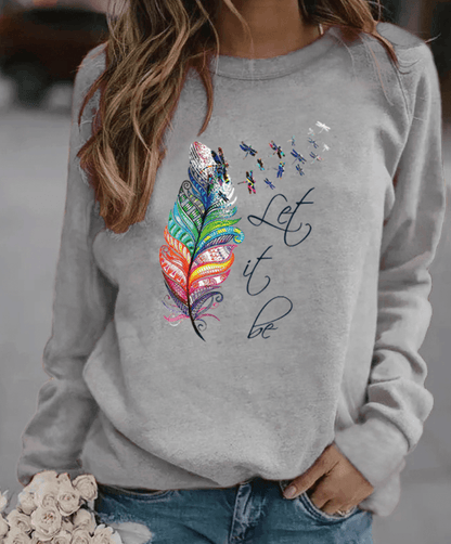 Ladies' Cheerful Sweater with Feather Print and Round Neck