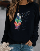 Maglione vivace da donna con stampa di piume e scollo rotondo