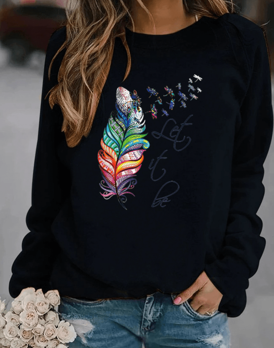 Ladies' Cheerful Sweater with Feather Print and Round Neck