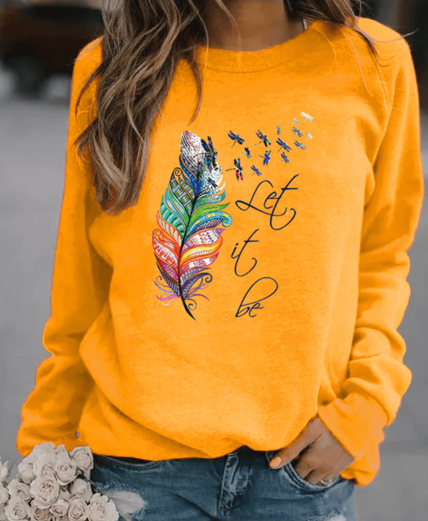 Maglione vivace da donna con stampa di piume e scollo rotondo
