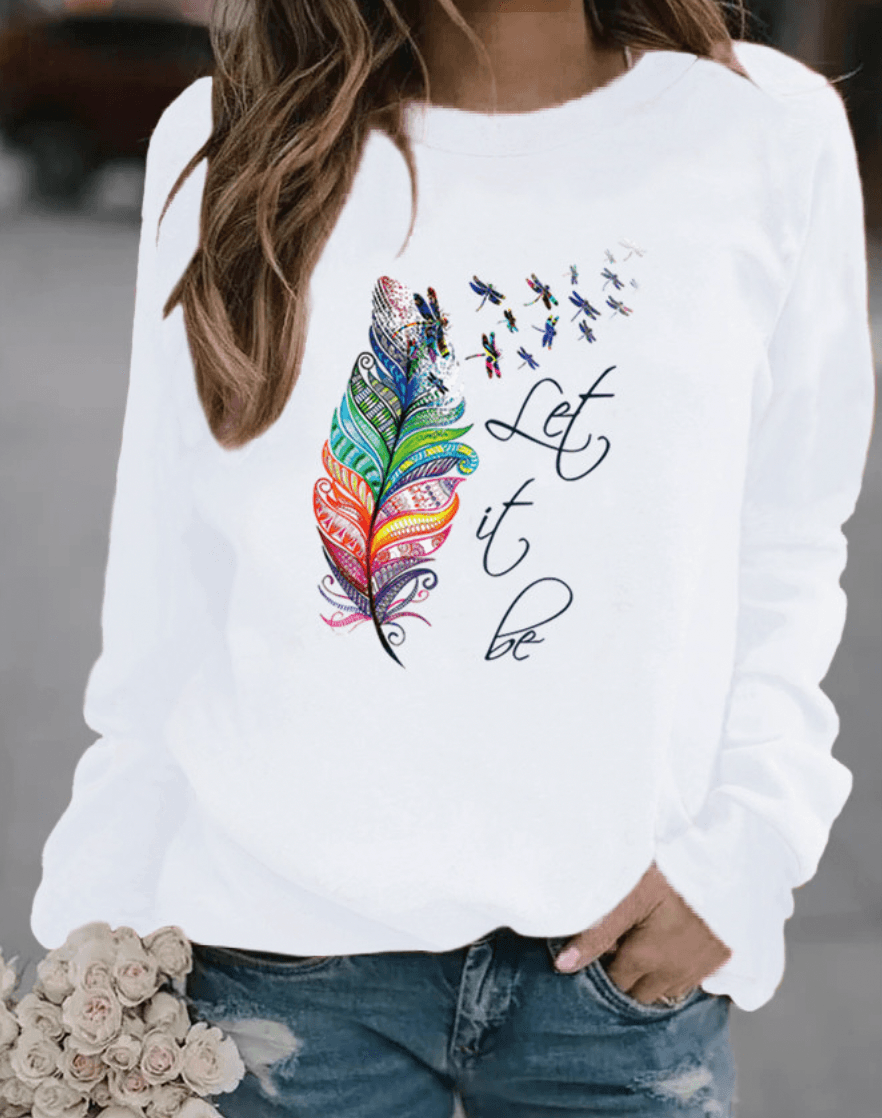 Maglione vivace da donna con stampa di piume e scollo rotondo