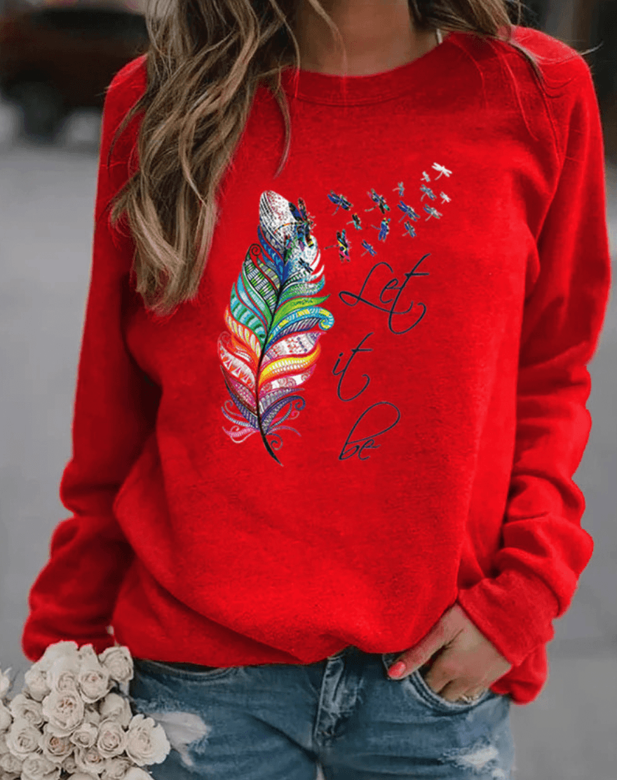Maglione vivace da donna con stampa di piume e scollo rotondo